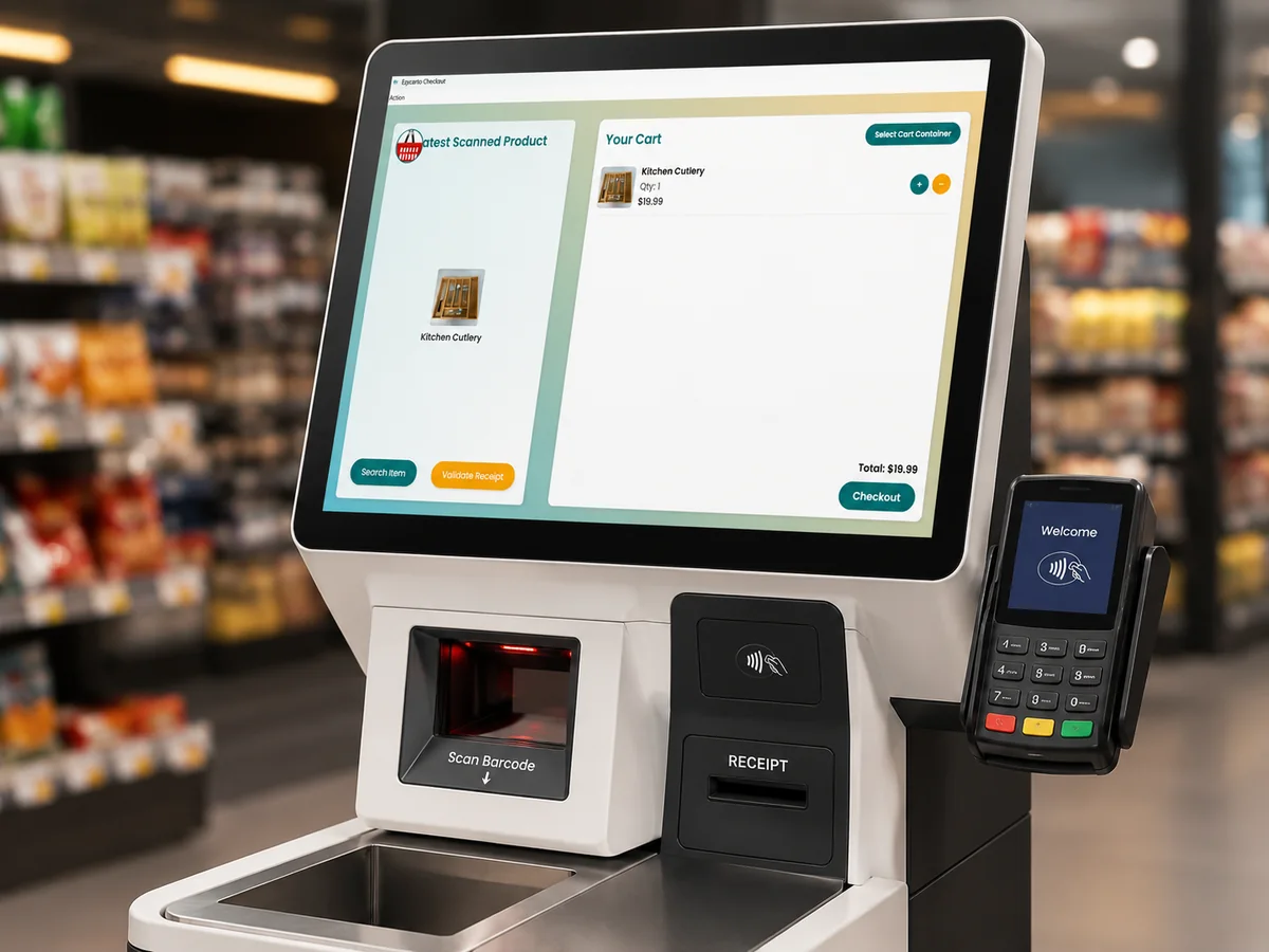 EzyCarto Checkout EPOS self-service kiosk with scanner, receipt printer and payment terminal
