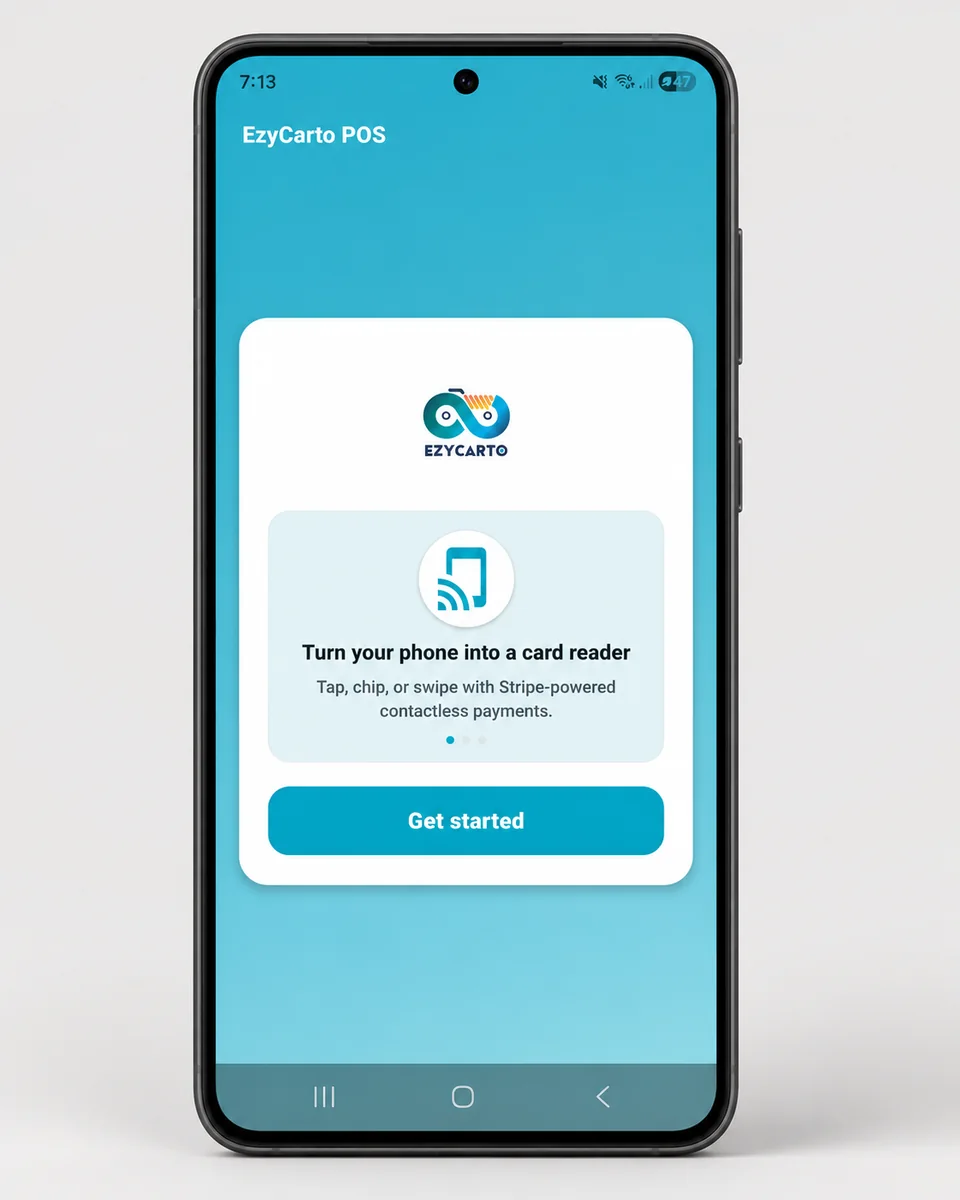 EzyCarto POS on Android showing Tap to Pay onboarding