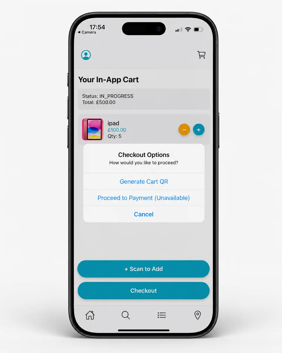 EzyCarto shopper app showing a Scan-Pay-Go cart and QR handoff options